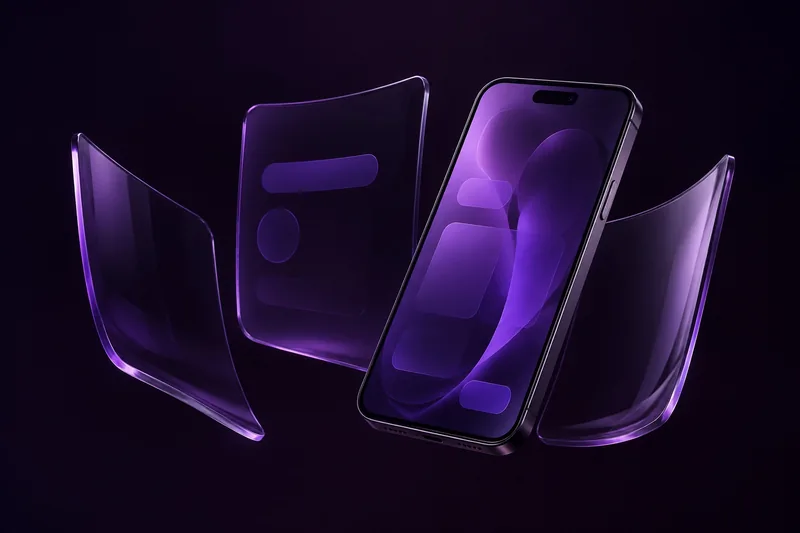 Illustrative purple glass app interface and iPhone design concept