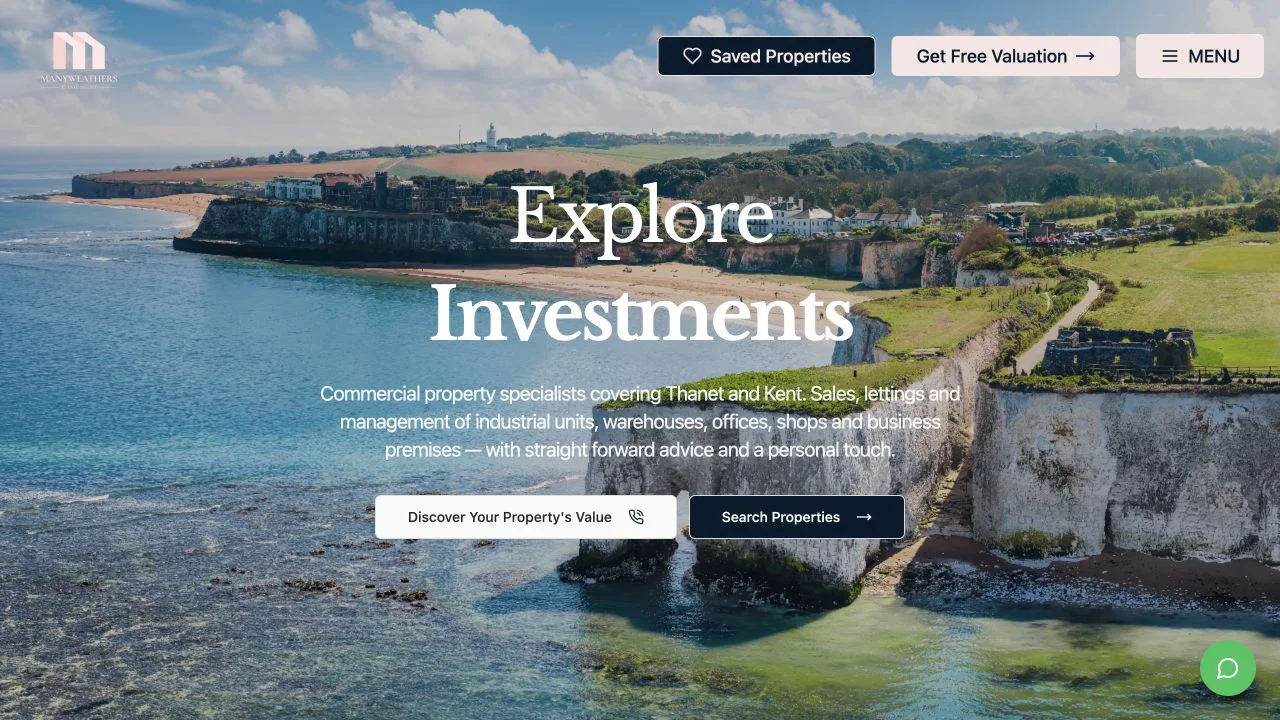 Screenshot of the published Manyweathers homepage with property search and valuation enquiry routes