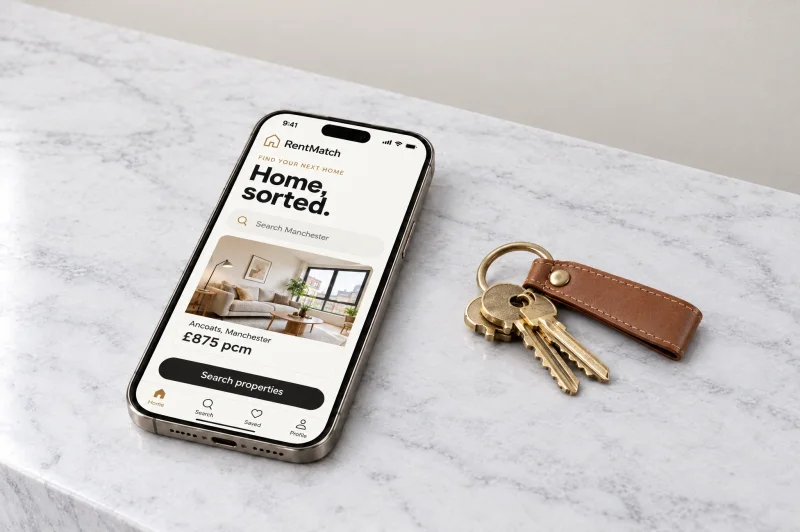 Illustrative RentMatch UK home screen on an iPhone lying on marble beside a set of brass house keys
