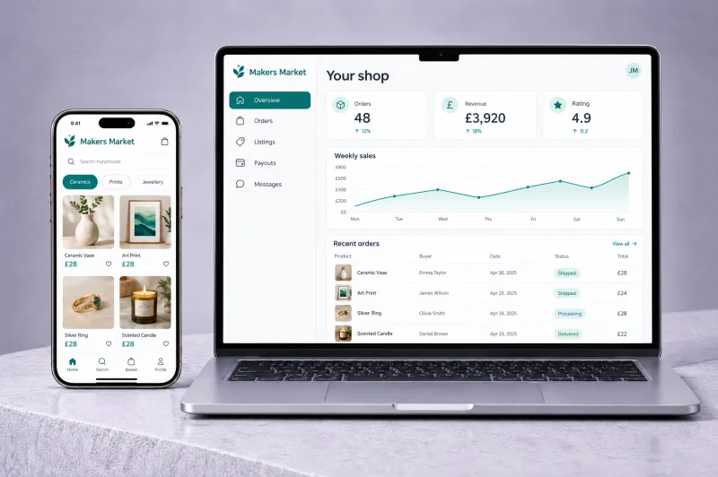 Makers Market marketplace on an iPhone and a MacBook, showing a handmade product grid and a seller dashboard with £3,920 revenue