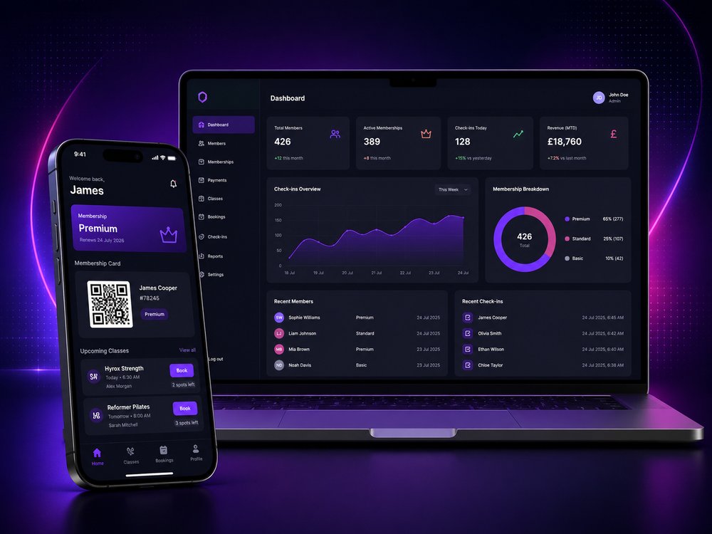Gym membership platform: owner dashboard on laptop and member iOS app on iPhone