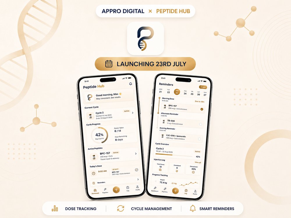 Peptide Hub iOS app: cycle dashboard and smart reminders screens